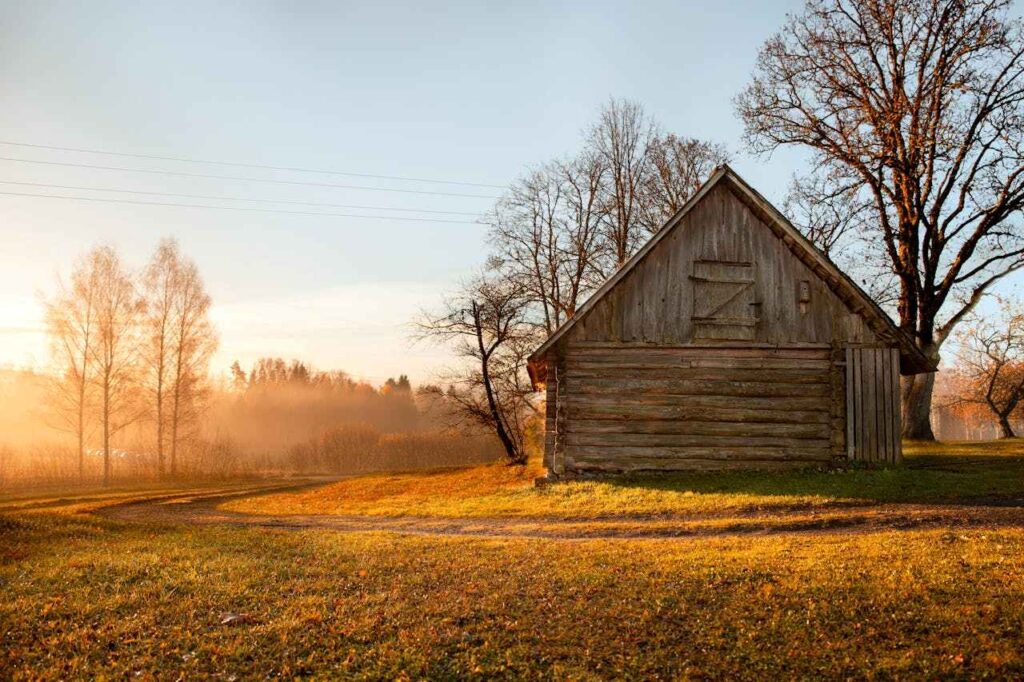 Holzhaus mit Bäumen im Morgentau, Lettland