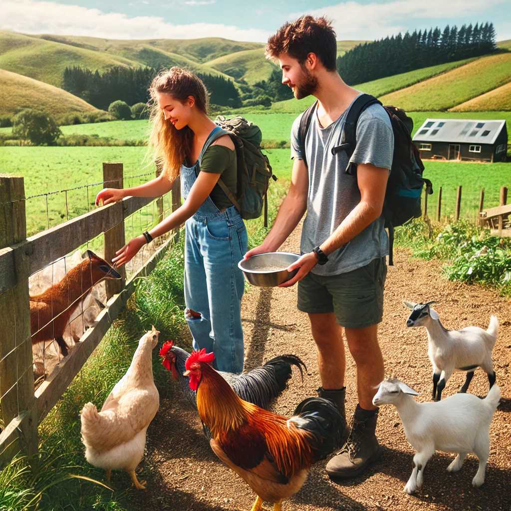 Wwoofer beim Hühner füttern in Neuseeland